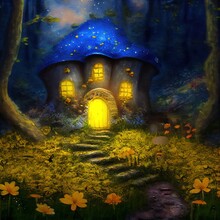 Tiny Adorable Fantasy Mushroom Castle Hidden In Secret Part Of An Enchanted Magical Fairytale Forest, Cozy Glowing Windows And Starry Midnight Sky - Surrounded By Cute Vibrant Bright Yellow Flowers.