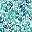 Watercolor foliage with red small berries, seamless pattern