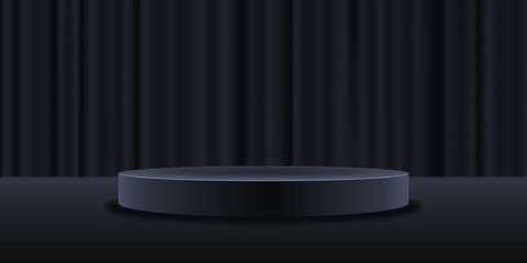 Leinwandbilder - Stage curtains and realistic dark platform. Closed curtains and stage with empty pedestal. 3d podium for product display show or place for presentation.
