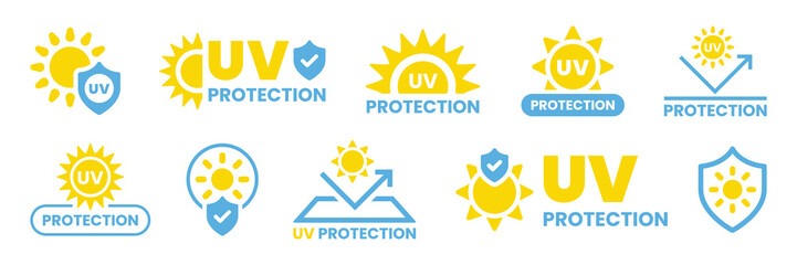 UV protection icon set. UV radiation icon. Ultraviolet symbol, logo vector illustration.