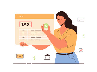 Wall Mural - Online tax payment vector illustration. Government taxation concept. Data analysis, paperwork, financial research, report. Young woman pay tax bills online on the website form.