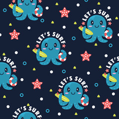 Wall Mural - Cute octopus surf cartoon vector pattern background.