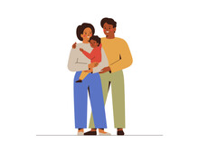 Multicultural Family With One Child. Young Couple Embrace Their Baby Boy. Man And Woman Hug Their Toddler With Love And Care. Adoption And Parenthood Concept. Vector Illustration