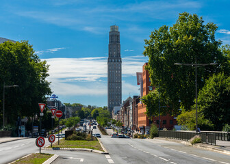 Poster - highway leading to downtown Amiens with the landmark Perret Tower in the background