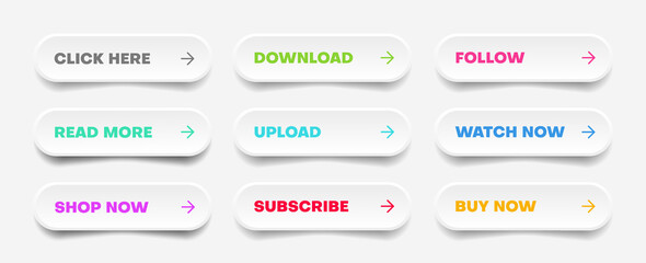 Aufkleber - 3d click here web buttons. Set of action button, hand cursor and arrow pointing click link buttons. Add to cart, shop now, upload, downloa buttons. Online shopping icons for UI UX website, mobile app