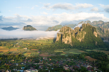 Aerial view of beautiful mountains, famous tourist attraction of Laos, Vang Vieng, aerial view.