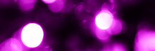 Blurred Lights Purple Background, Banner Texture. Abstract Bokeh With Soft Light Header. Wide Screen Wallpaper. Panoramic Web Banner With Copy Space For Design