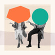 Leinwandbild Motiv Contemporary art collage of retro couple on pastel background with speech bubble, copy space. Concept of romance, proposal, love, relationship, creativity, imagination, inspiration, ad