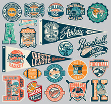 Cute Vector Collection Of College Sports Athletic Department Badges And Flag For Children Wear Print Or Embroidery