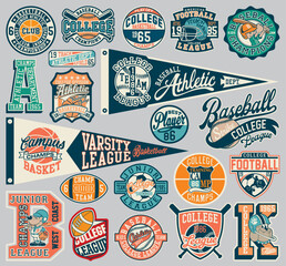 cute vector collection of college sports athletic department badges and flag for children wear print