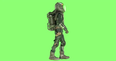 Wall Mural - chroma key side view of male astronaut wearing a spacesuit walking against green screen