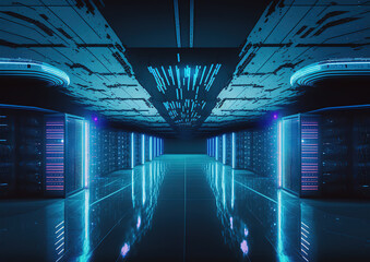 Leinwandbilder - Data center or server room with servers of information cloud storage. Server racks in a computer security network server room. 3d illustration