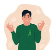 Psychology mental health concept.A man with a green ribbon on his chest. Flat vector illustration