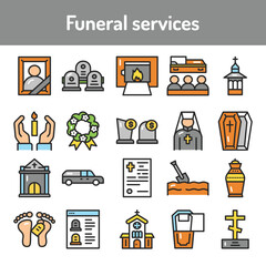 Funeral services color line icons set. Isolated vector element.