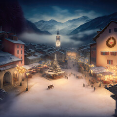 Wall Mural - Weihnachtliche Winterlandschaft Christmas Jahreszeit Berge Alpen Schnee Ländlich Ruhig Digital AI Art Illustration
