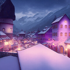 Wall Mural - Weihnachtliche Winterlandschaft Christmas Jahreszeit Berge Alpen Schnee Ländlich Ruhig Digital AI Art Illustration
