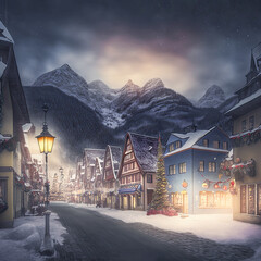 Wall Mural - Weihnachtliche Winterlandschaft Christmas Jahreszeit Berge Alpen Schnee Ländlich Ruhig Digital AI Art Illustration
