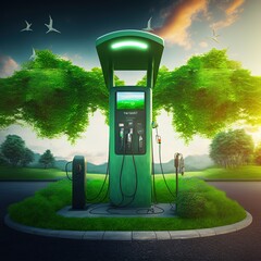 Sticker - Electric vehicle charging station for public usage against the background of green trees. 3d illustration