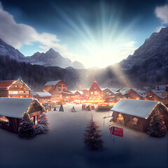 Wall Mural - Weihnachtliche Winterlandschaft Christmas Jahreszeit Berge Alpen Schnee Ländlich Ruhig Digital AI Art Illustration
