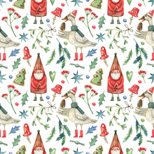 Christmas, New Year Seamless Pattern With Cute Goose Bird In Hat, Gnome, Winter Berries, Mistletoe, Fly Agaric, Leaves. Watercolor Background.