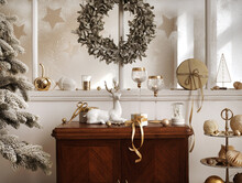 Christmas Composition On The Vintage Shelf In The Living Room Interior With Beautiful Decoration, Big Window, Christmas Tree, Candles, Stars, Gifts, Light And Elegant Accessories. Template.
