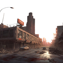 Old Abandoned Post Apocalypse City Street With Run Down Buildings On Both Sides. Fantasy Concept Art Of A Ruined Town. Isolated Transparent Background. 
