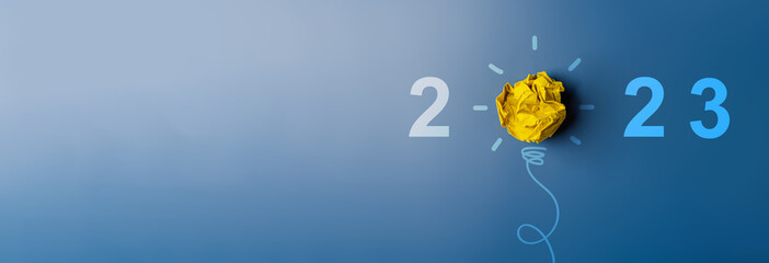 Aufkleber - 2023 blue paper with light bulb icon, innovative business vision and resolution planning project, invest, innovation, idea to next year, New year concept..