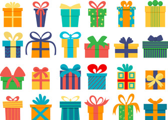 Sticker - set of gifts in flat style, isolated vector design