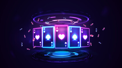 Neon Casino playing cards with poker chips in hologram of digital rings in dark empty scene