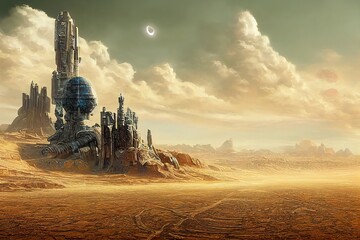 Digital painting of a rusty space ship flying through a desert with a nearby alien city in the background fantasy 