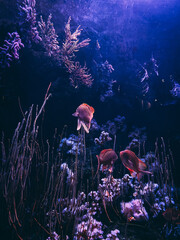 Underwater photo. Three orange fish swim in an aquarium near aquatic plants in blue water.