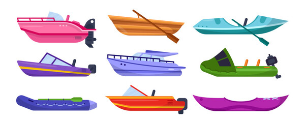 Wall Mural - Side view of different kinds of boats vector illustrations set. Boats with motor or paddle, wooden and rubber boats, water transport. Traveling, transportation, sports, leisure, speed concept