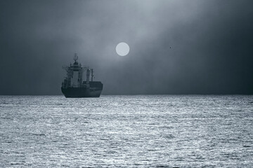 Poster - Commercial ship in a full moon night