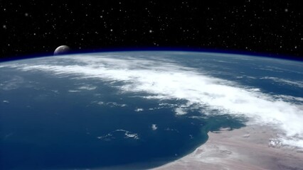 Wall Mural - Moon rising behind planet earth view from space, atlantic ocean and Mauritania coastline. Contains elements by Nasa