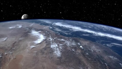 Wall Mural - Moon rising behind planet earth view from space, atlantic ocean and Morocco coastline. Contains elements by Nasa