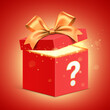 Open red gift box with question mark, golden ribbon and magical glitter light, shining from inside. Secret giftbox standing on red gradient background,. Hidden gift vector banner design.