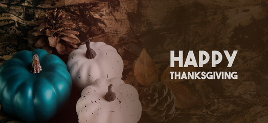 Sticker - Happy Thanksgiving pumpkins with text on rustic style banner background for holiday celebration.