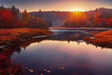 Autumn Sunrise Over Forest Lake