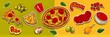 Pizza recipe sticker set, hand drawn, banner. fast food pizza ingredients  stickers, clipart