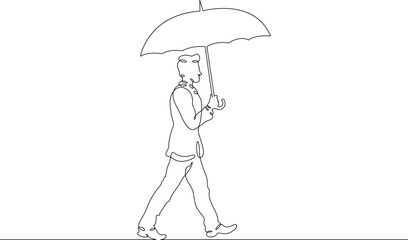 One continuous line. Man with umbrella in the rain. One continuous line on a white background.