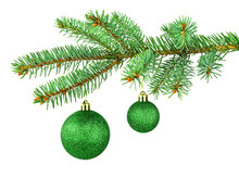 Christmas Tree And Two Green Shiny Toys. Monochrome. Isolated Spruce Branch And Holiday Decor On White Background. New Year