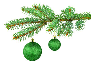 christmas tree and two green shiny toys. monochrome. isolated spruce branch and holiday decor on whi