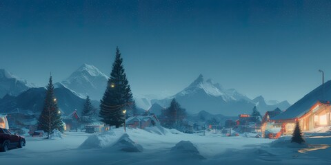 Paisaje navideño de invierno y montañas