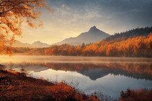 Autumn Misty Morning Over Mountain Lake