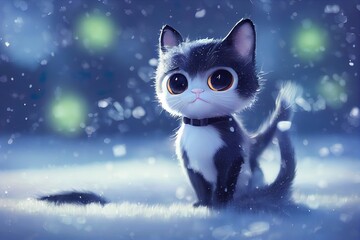 Fantasy style cute cat with big eyes in winter outside