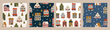 Fototapeta  - Merry Christmas and Happy New Year set of seamless pattern with various tiny houses. Modern hand draw illustrations. Colorful contemporary art