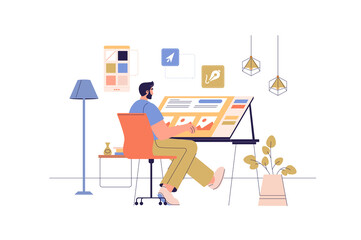 Wall Mural - designer studio web concept with people scene. illustrator working at drawing table with pen and pal