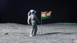 Astronaut in outer space on the surface of the moon. Planting India Indian flag.