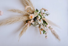 Beautiful Flowers, Reeds, Decorations On A Stand In A Restaurant, Interior. Photography, Wedding, Design.