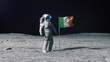 Astronaut in outer space on the surface of the moon. Planting Ireland Irish flag.